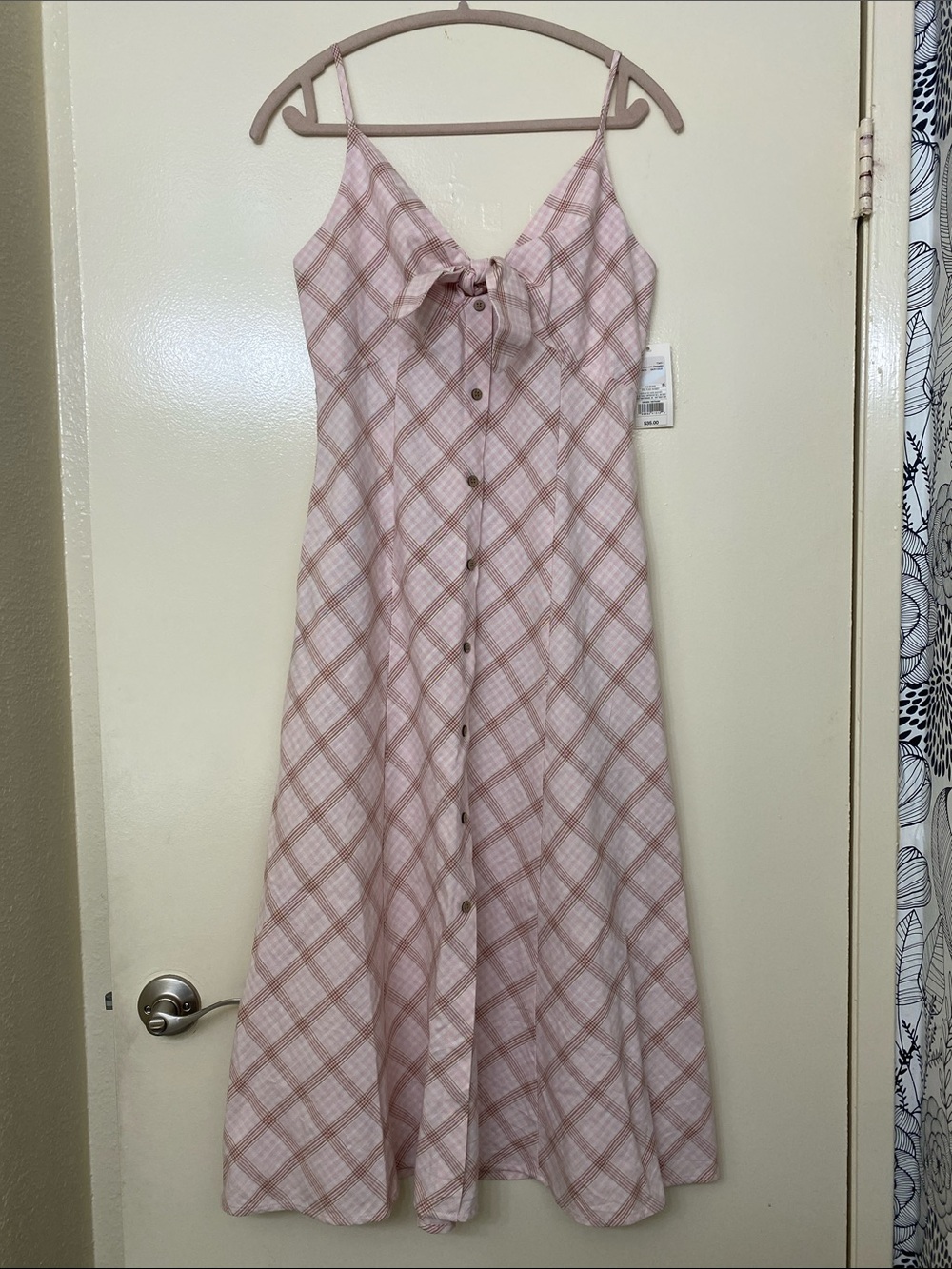 Plaid Button-Front Pink Slip Dress with Bow Detail